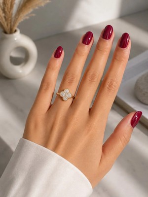 Mare Butik Dört Yaprak Yonca Zirkon Taşlı Çelik Yüzük – Gold