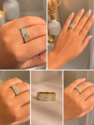 Mare Butik Gold Zirkon Taşlı Baget Detaylı Kalın Yüzük