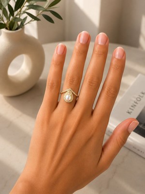 Mare Butik Inci Detaylı Damla Form Gold Çelik Yüzük
