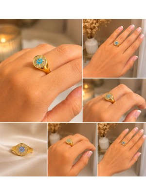 Mare Butik Gold Turkuaz Yıldız Detaylı Taşlı Yüzük