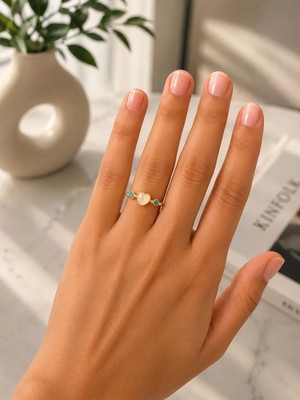 Mare Butik Kalp ve Turkuaz Detaylı Gold Çelik Yüzük