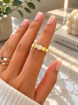 Mare Butik Sarı Beyaz Boncuk Detaylı Çelik Yüzük