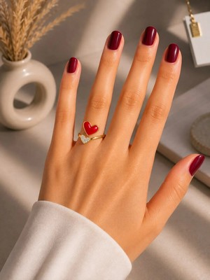 Mare Butik Kırmızı Mineli Çift Kalp Figürlü Ayarlanabilir Çelik Yüzük – Gold