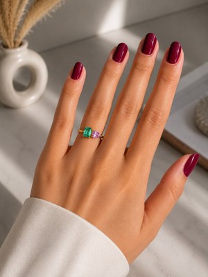 Mare Butik Yeşil & Lila Taşlı Minimal Çelik Yüzük – Gold