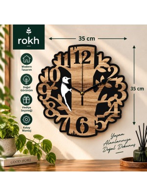 Rokh 🕐 Ahşap Duvar Saati 35 cm –  Kuş ve Doğa Temalı Dekoratif Saat | Ev Dekoru
