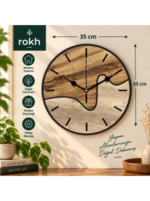 Rokh 🕐 Dekoratif Duvar Saati 35 cm Ahşap Görünümlü Modern Tasarım | Ev ve Ofis Dekoru