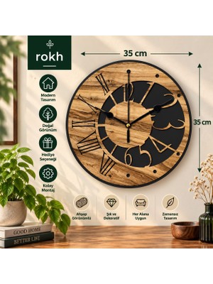 Rokh 🕐 Dekoratif Duvar Saati 35 cm Ahşap Görünümlü Modern Tasarım Büyük Duvar Saati