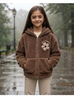 Flower Kız Çocuk Kahverengi Çiçek Nakışlı Peluş Kapüşonlu Hırka Kışlık