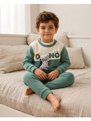 karacon baby Yeşil – Erkek Bebek Dinozor Baskılı Sweatshirt ve Pantolon Takım