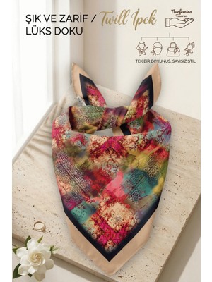 Nurfemina Bej Çok Renkli Etnik Vintage Desenli Kadın - Twill Ipek Dokulu - Çok Amaçlı Kare Bandana Fular
