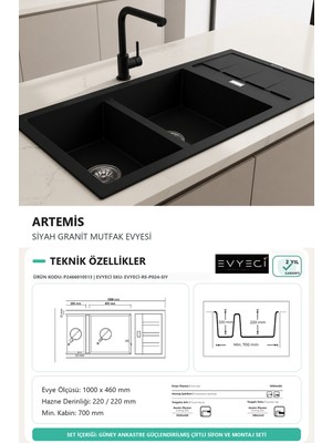 Güney Ankastre Realstone P024 Artemis 100 × 46 cm Siyah Granit Evye + Güçlendirilmiş Çift Giderli Sifon ve Montaj Seti