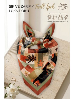 Nurfemina Sonbahar Çok Renkli Kiremit Kolaj Desenli Kadın  - Twill Ipek Dokulu - Çok Amaçlı Kare Bandana Fular 50X50 cm