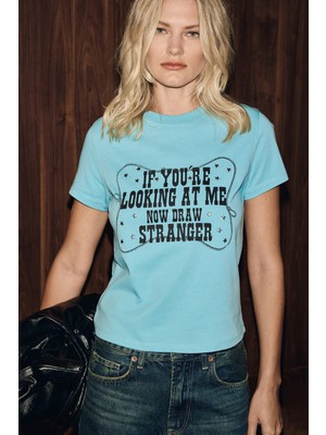 Grimelange Vıonele Kadın Organik Pamuklu Kısa Kollu ve Baskılı Mavi T-Shirt