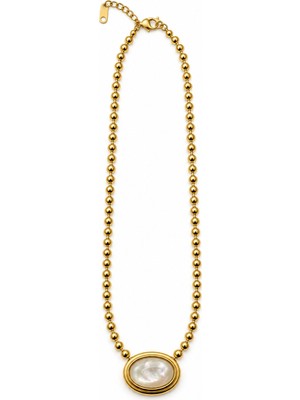 Stelle Jewelry Altın Renk Boncuk Zincirli Sedef Görünümlü Oval Uçlu Kadın Kolye 45 cm
