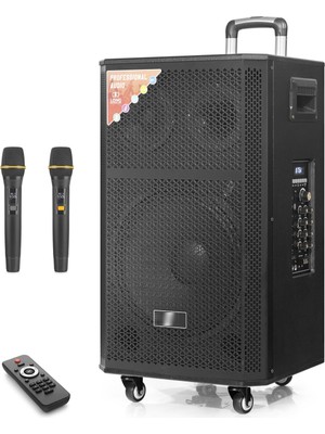Skygo Çift Karaoke Mikrofonlu Bluetooth Hoparlör Fm Radyo 120W 12 İnç Kumandalı Ahşap NDR412