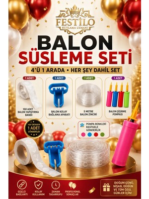 Festilo 4'lü Balon Süsleme Seti 100'LÜ Balon Yapıştırma Bandı Balon Bağlama Aparatı 5 Metre Balon Zinciri Balon Şişirme Pompası Parti Malzemeleri