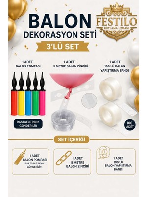 Festilo Balon Pompası Balon Zinciri ve Yapıştırma Bandı Seti 3 Parça Parti Süsleme Dekorasyon Aparatı