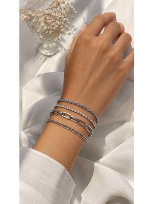 İnvictus Design Invictus Design Kadın 4'lü Gümüş Renk Suyolu Taşlı Zincir Ayarlanabilir Bileklik Set 4 Parça Takım Hediyelik