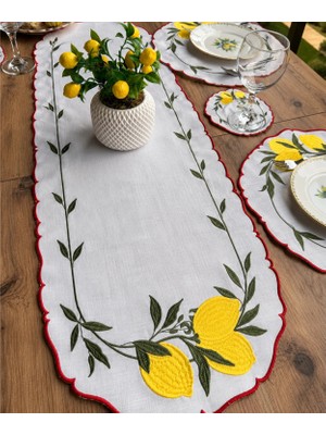 Linoriahome Limon Nakışlı Kırmızı Kenarlı Runner 110X35 cm – Sarı Limon Desenli Masa Runnerı