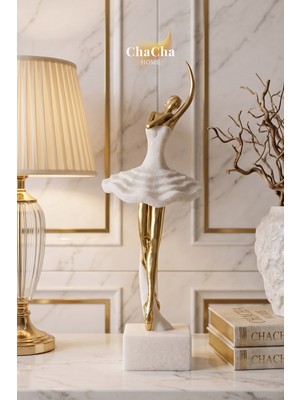 ChaCha Home Mermer Görünümlü Gold Detaylı Modern Balerin Biblo - Premium Ithal Dekoratif Obje