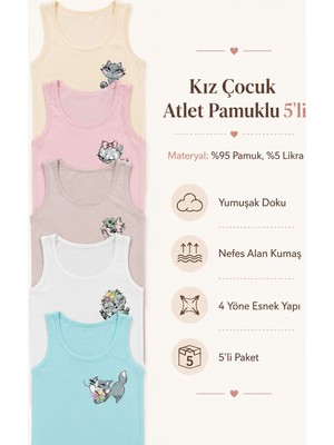 Nicoletta Kız Çocuk Atlet Geniş Askılı Kedi Baskılı Pamuklu Likralı Tişört Saf Pamuk