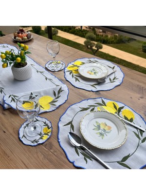 Linoriahome Limon Nakışlı Mavi Kenarlı Runner 110X35 cm – Sarı Limon Desenli Masa Runnerı