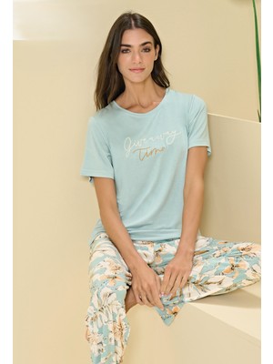 Over Sleep by Poleren Viskon Kısa Kollu Mavi Pijama Takımı 3349