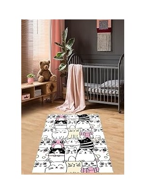 Pelangi Kedi Desenli Halı Kedili Halı Dijital Baskı Yıkanabilir Kaymaz Taban Çocuk Odası Halısı, Beyaz 80 x 400