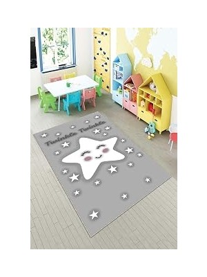 Pelangi Gri Parlak Yıldız Desenli Yıkanabilir Kaymaz Taban Leke Tutmazbebek ve Çocuk Odası Halısı, Gri-Beyaz 100 x 150, 901357149100150