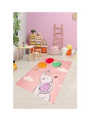 Pelangi Fil Desenli Dijital Baskılı Kaymaz Taban Çocuk Odası Halısı, Pudra-Lacivert 100 x 100