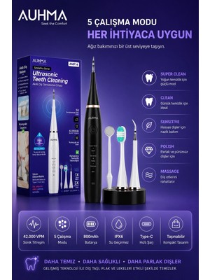 TeknoKapsül Ultrasonic Şarjlı Elektrikli Akıllı Diş Temizleme Cihazı Beyazlatıcı 5 Mod 3+1 Başlık, Ipx8 Su Geçirmez Siyah