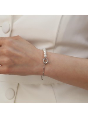 Nox Jewelry 925 Ayar Gümüş Rodyum Kaplama Yarısı Beyaz İnci Yarısı Ataç Zincirli Kadın Bileklik - CBP00158