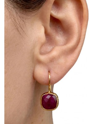 BROTLIWY Gold Renk Kare Kesim Bordo Taşlı Vintage Sallantılı Kadın Küpe