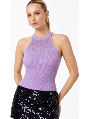 Neden Tekstil Kadın Taşlı Fitilli Halter Yaka Crop Bluz