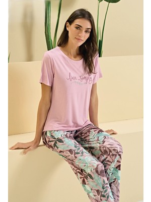 Over Sleep by Poleren Viskon Kısa Kollu Lila Pijama Takımı 3350