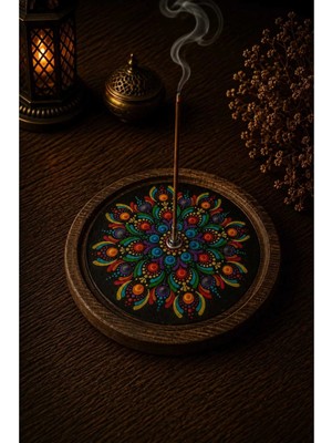 Tan Organik Renkli Mandala Desenli Tütsülük Otantik Dekoratif Çubuk Tütsü Tutucu Ahşap 13CM 1AD