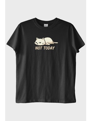 Lofux Yorgun Kedi Mizahi Not Today Siyah Tişört