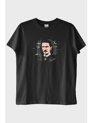Lofux Nikola Tesla İllüstrasyon Baskılı Tasarım Siyah Tişört