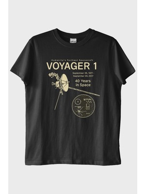 Lofux Uzay Keşfi Temalı Retro Voyager 1 Bilim Siyah Tişörtü