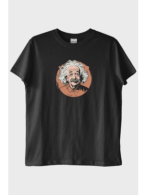 lofux Albert Einstein Portre Baskılı Tasarım Siyah Tişört