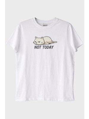 Lofux Yorgun Kedi Mizahi Not Today Beyaz Tişört