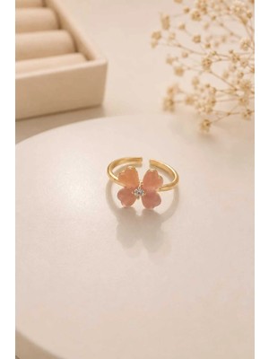 Tan Organik -Pembe Çiçek Detaylı Ayarlanabilir Kadın Yüzük – Gold Renk Taşlı Zarif Çiçek Modeli 1AD