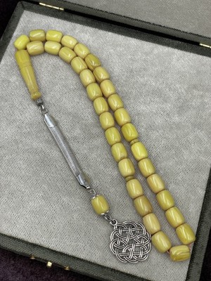 Onurlu Tesbihane Alpaka Kazak Düğümü Uçlu Çam Fıstığı Renginde Katalin Tesbih (8X12 Mm)