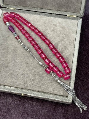 Onurlu Tesbihane Alpaka Nakkaş Imameli Pembe Ateş Kehribar Tesbih (9X10 Mm)