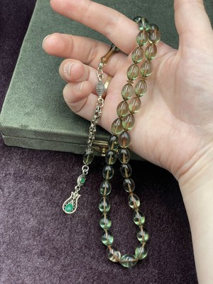 Onurlu Tesbihane Alpaka Lale Uçlu Arpa Kesim Zar Renginde Ateş Kehribar Tesbih (7X11 Mm)
