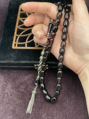 Lineacraft Alpaka Nakkaş Imameli Siyah-Gri Sıkma Kehribar Tesbih (9X11 Mm)