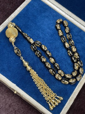 Lineacraft Gold Renkli Aksamlı Siyah Altın Varaklı Uçak Camı Tesbih (12X8 Mm)