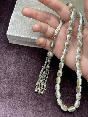 Lineacraft Alpaka Kılıç Detaylı Beyaz Altın Varaklı Uçak Camı Tesbih (12X8 Mm)