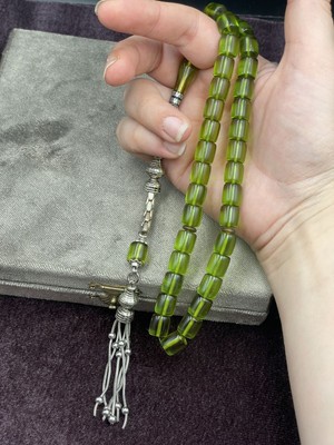 Lineacraft Alpaka Nakkaş Imameli Fıstık Yeşili Ateş Kehribar Tesbih (9X10 Mm)