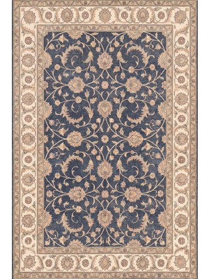 Rugzella Soluk Lacivert Indigo Damask Klasik Çiçek Desenli Bordürlü Krem Yıkanabilir Halı